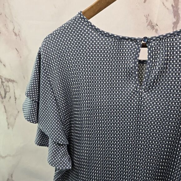 Adrianna Papell Shirt Womens XL Navy White Spot Dot Blouse Double Sleeve Ruffle - Picture 6 of 10